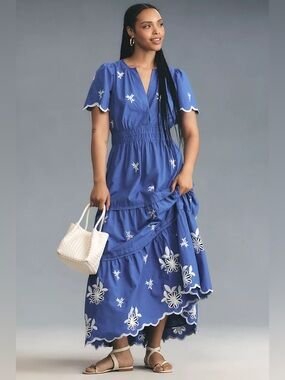 ANTHROPOLOGIE The Somerset Embroidered Maxi Dress Eyelet Edition in Blue